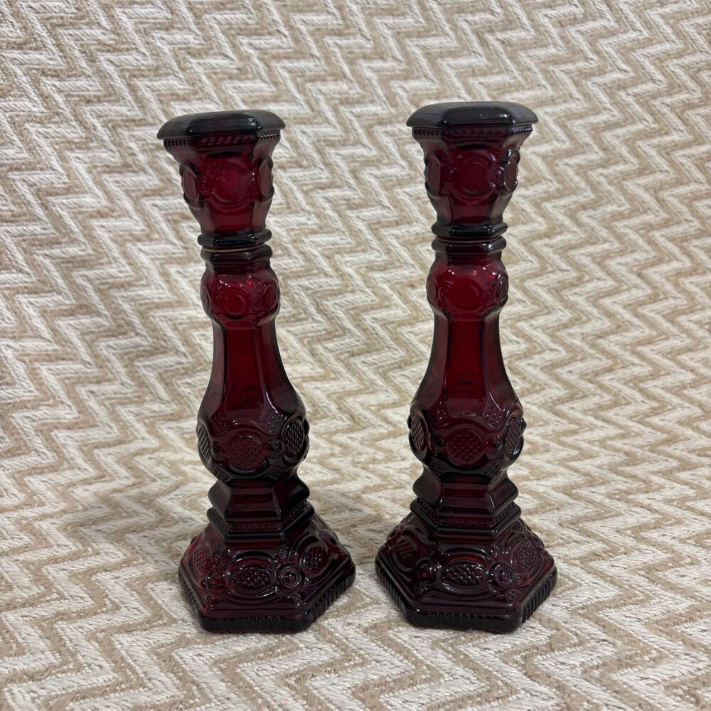 Retired Vintage Avon 1876 Cape Cod Ruby Red Glass Candlesticks 2 Candle Holders